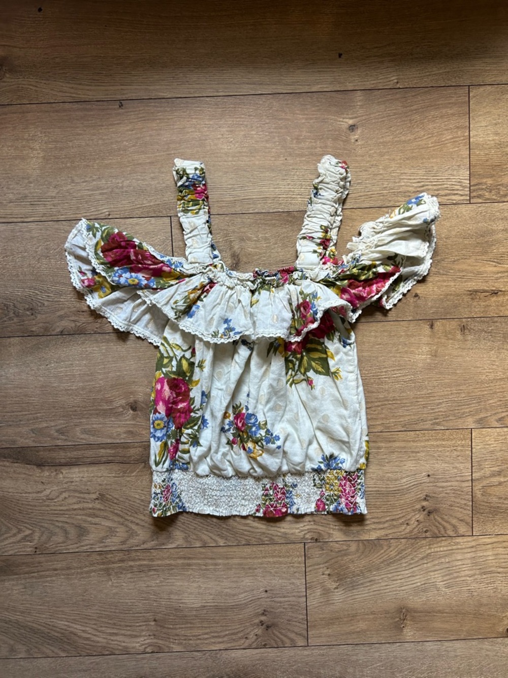 House of Harlow 1960 Cream Floral Off-Shoulder Crop Top with Pink & Blue Flowers